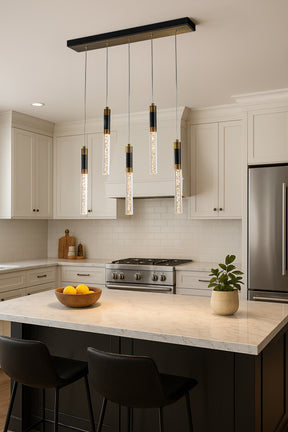 31" Modern Linear 5-Light Seeded Bubble Glass Integrated LED Chandelier Dimmable Pendant Light In Matte Black For Dining Room Kitchen Island