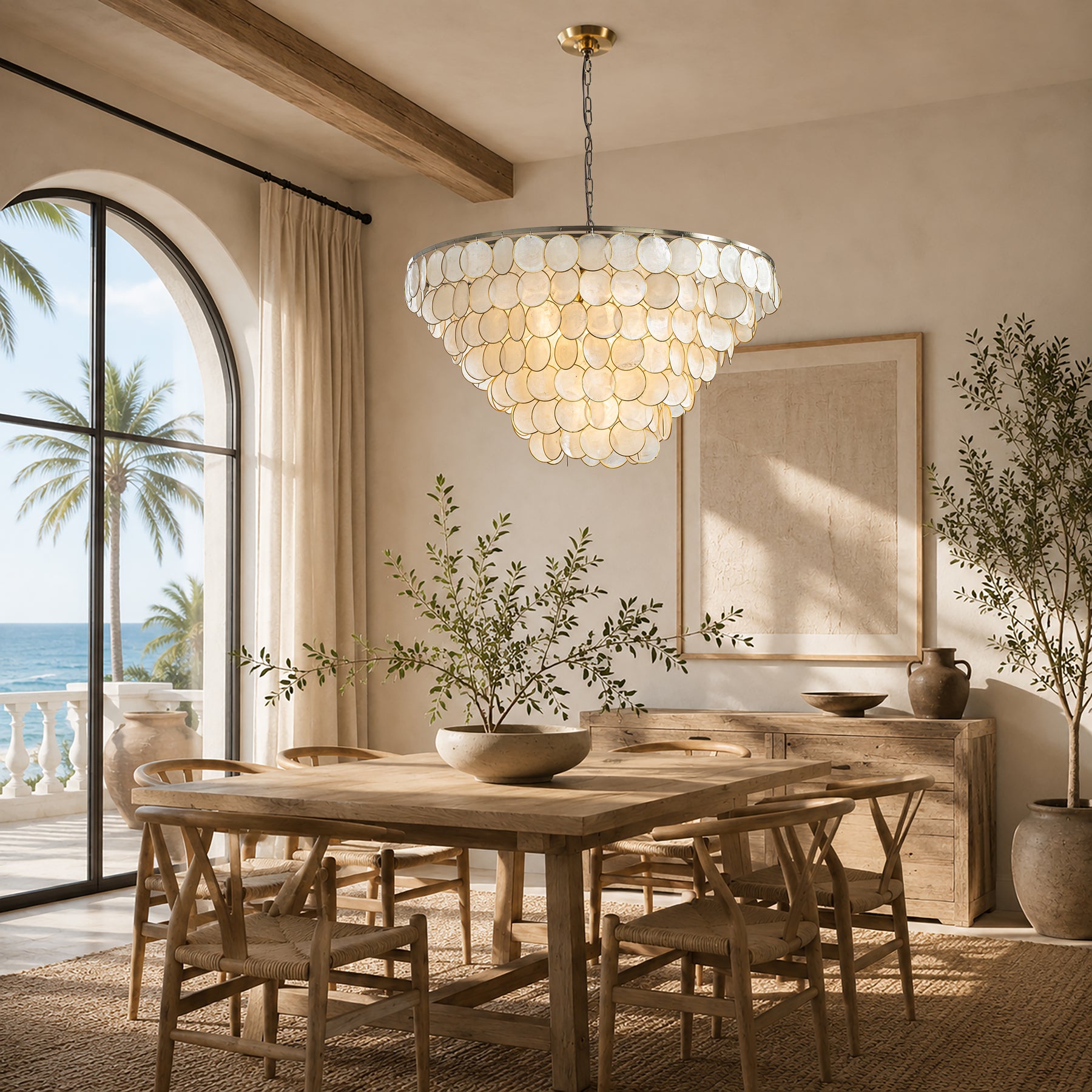 7-Light 30'' Modern Coastal Aged Bronze Natural Capiz Shell Tiered Chandelier Vintage Glam Pendant Light For Dining Room Living Room or Foyer