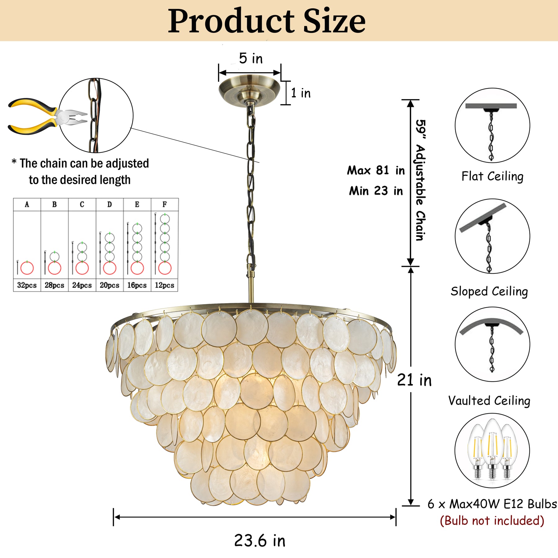 6-Light 24'' Wide Modern Coastal Aged Bronze Natural Capiz Shell Tiered Chandelier Vintage Glam Pendant For Living Room Dining Room