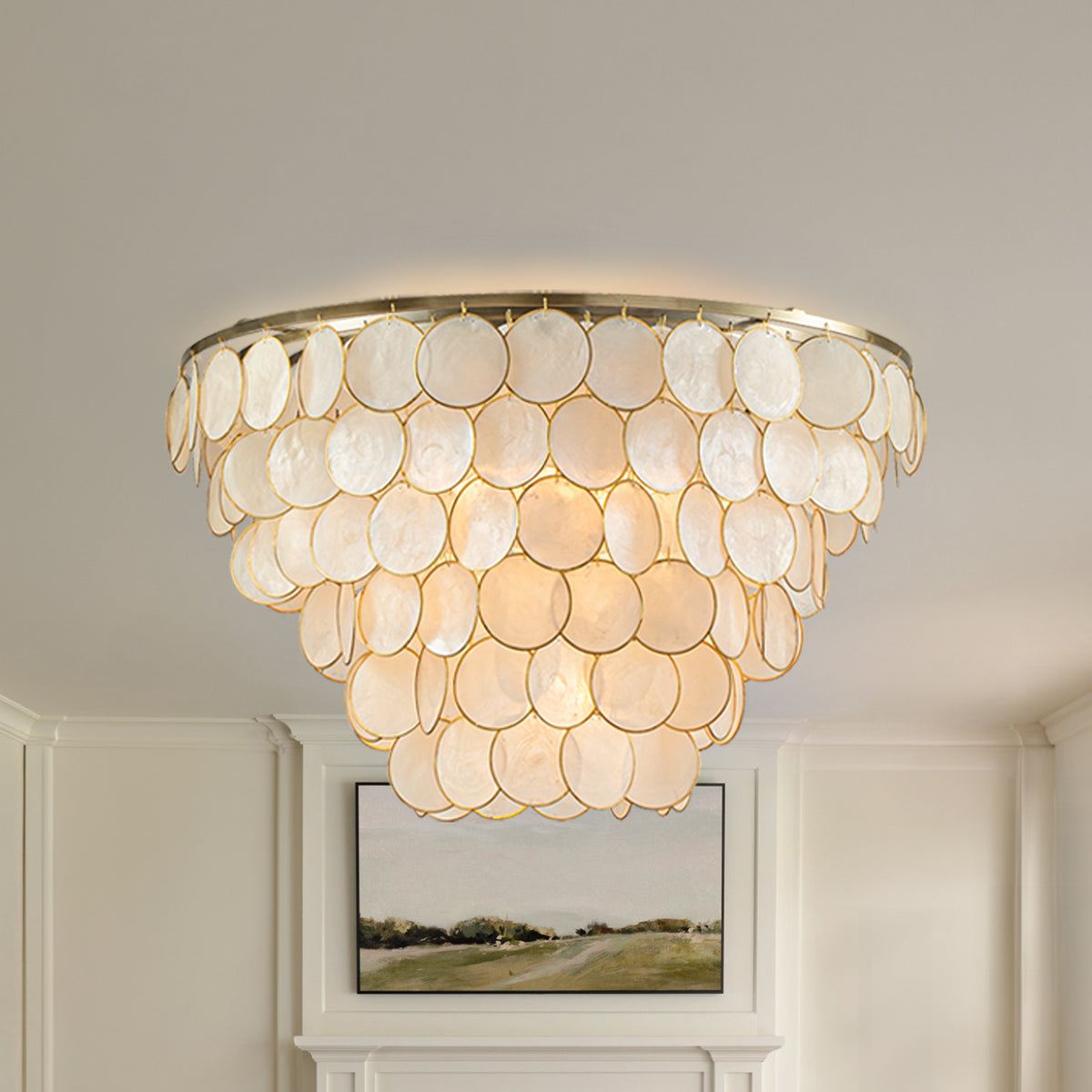 6-Light 24'' Wide Modern Coastal Aged Bronze Natural Capiz Shell Tiered Flush Mount Vintage Glam Ceiling Light For Living Room Dining Room