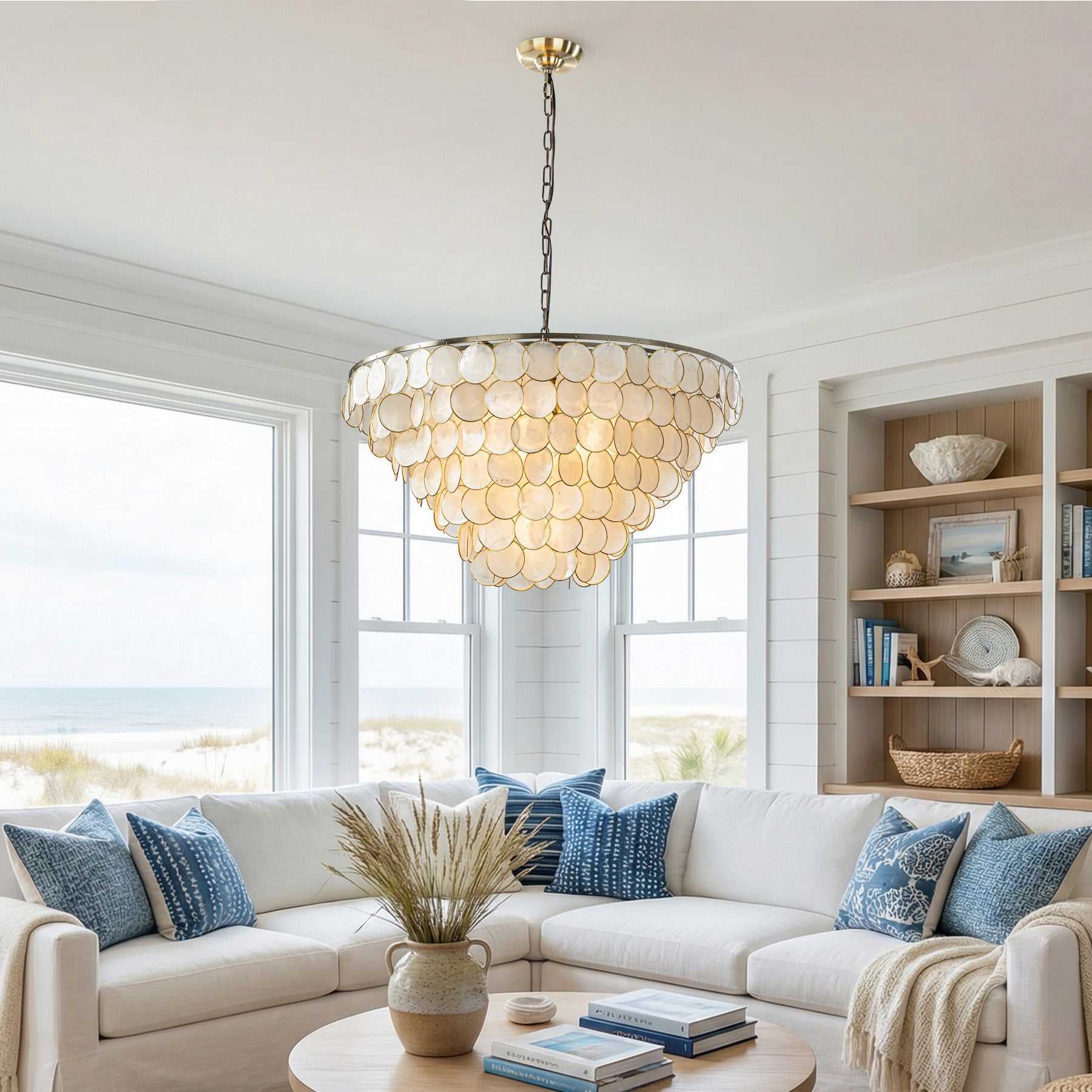 7-Light 30'' Modern Coastal Aged Bronze Natural Capiz Shell Tiered Chandelier Vintage Glam Pendant Light For Dining Room Living Room or Foyer