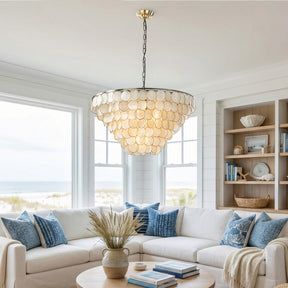 7-Light 30'' Modern Coastal Aged Bronze Natural Capiz Shell Tiered Chandelier Vintage Glam Pendant Light For Dining Room Living Room or Foyer