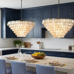 7-Light 30'' Modern Coastal Aged Bronze Natural Capiz Shell Tiered Chandelier Vintage Glam Pendant Light For Dining Room Living Room or Foyer