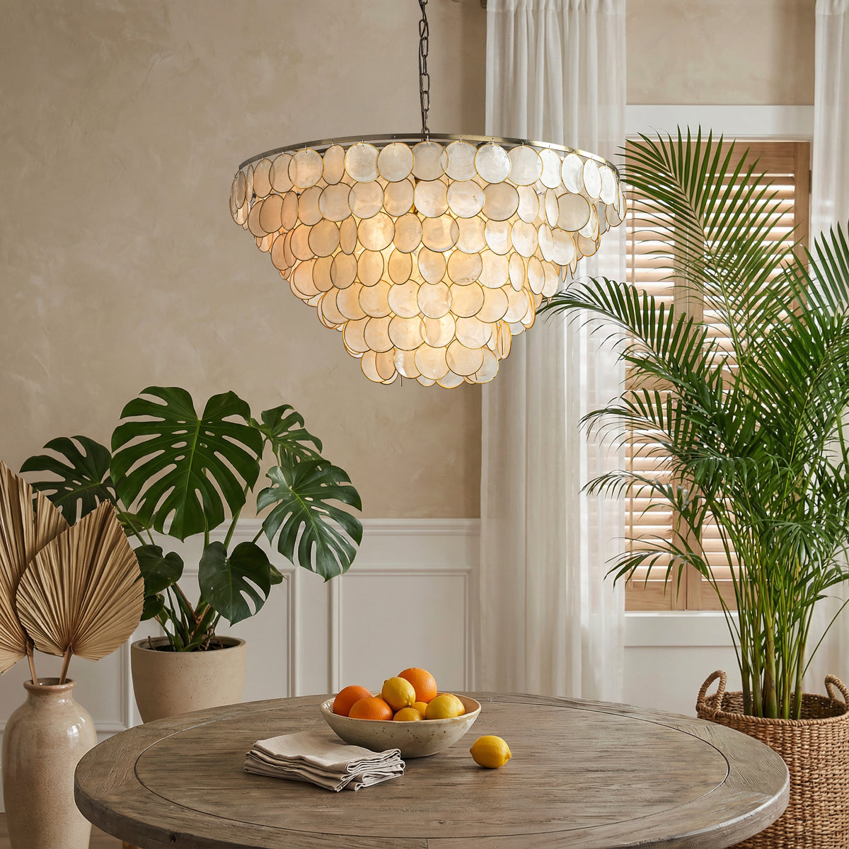 7-Light 30'' Modern Coastal Aged Bronze Natural Capiz Shell Tiered Chandelier Vintage Glam Pendant Light For Dining Room Living Room or Foyer