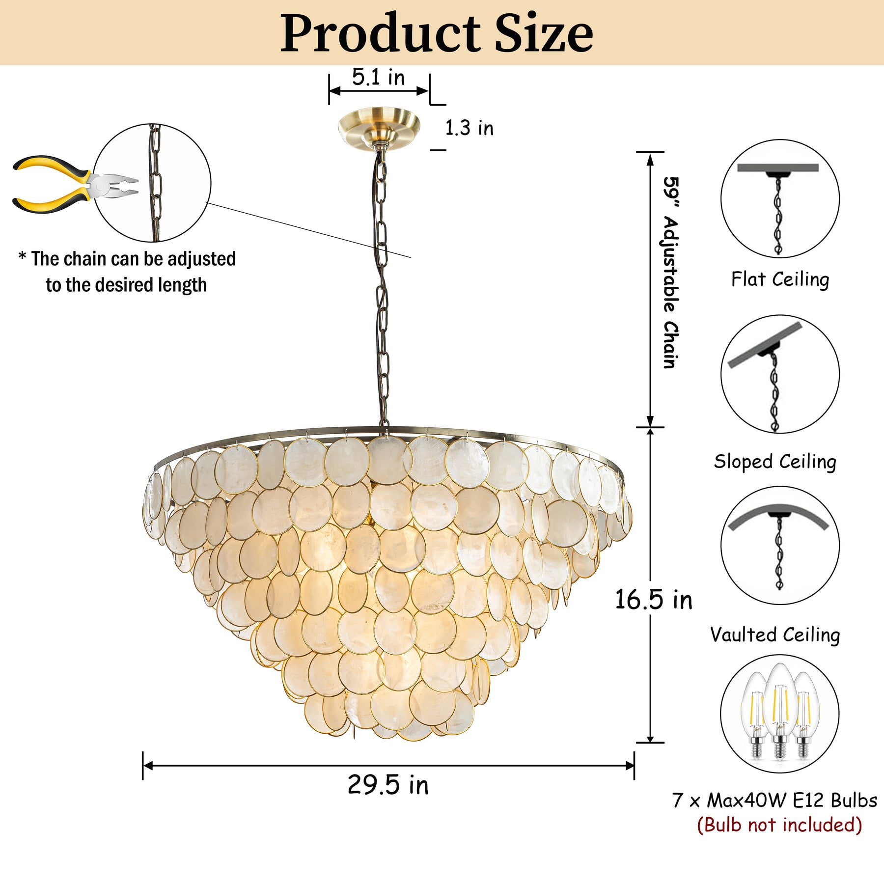 7-Light 30'' Modern Coastal Aged Bronze Natural Capiz Shell Tiered Chandelier Vintage Glam Pendant Light For Dining Room Living Room or Foyer