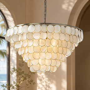 7-Light 30'' Modern Coastal Aged Bronze Natural Capiz Shell Tiered Chandelier Vintage Glam Pendant Light For Dining Room Living Room or Foyer