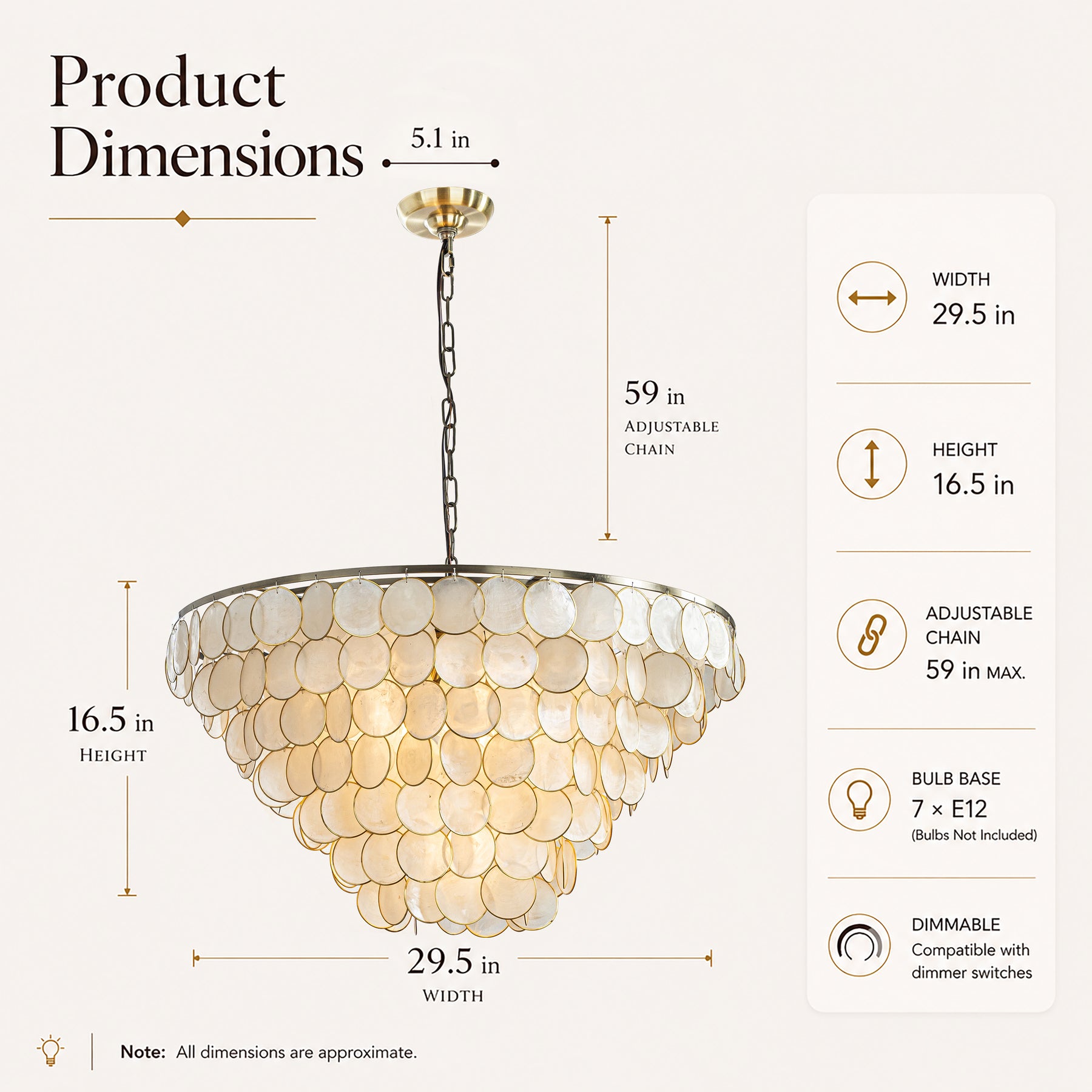 7-Light 30'' Modern Coastal Aged Bronze Natural Capiz Shell Tiered Chandelier Vintage Glam Pendant Light For Dining Room Living Room or Foyer