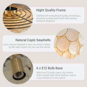 6-Light 24'' Wide Modern Coastal Aged Bronze Natural Capiz Shell Tiered Flush Mount Vintage Glam Ceiling Light For Living Room Dining Room