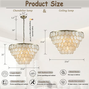OpenBox 5-Light 24'' Wide Modern Coastal Aged Bronze Natural Capiz Shell Tiered Chandelier Vintage Glam Pendant
