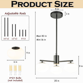3-Light 20'' Matte Black Century Modern Opal Glass Chandelier Classic Globe Pendant Light For Dining Room