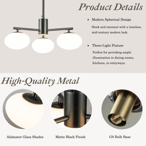 3-Light 20'' Matte Black Century Modern Opal Glass Chandelier Classic Globe Pendant Light For Dining Room