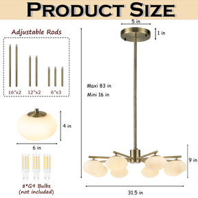 8-Light 32'' Antique Brass Mid Century Modern Opal Glass Chandelier Classic Globe Pendant Light For Dining Room Living Room