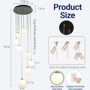 18'' 8-Light Modern White Opal Glass Staircase Chandelier Globe Bubble Glass Pendant In Matte Black For Foyer Entryway