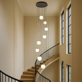 18'' 8-Light Modern White Opal Glass Staircase Chandelier Globe Bubble Glass Pendant In Matte Black For Foyer Entryway