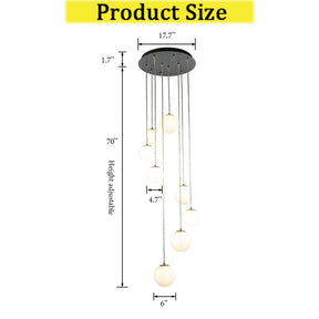 8-Light Opal Glass Globe Chandelier Modern Staircase Pendant Light in Matte Black and Antique Brass for Foyer, Entryway, High Ceilings