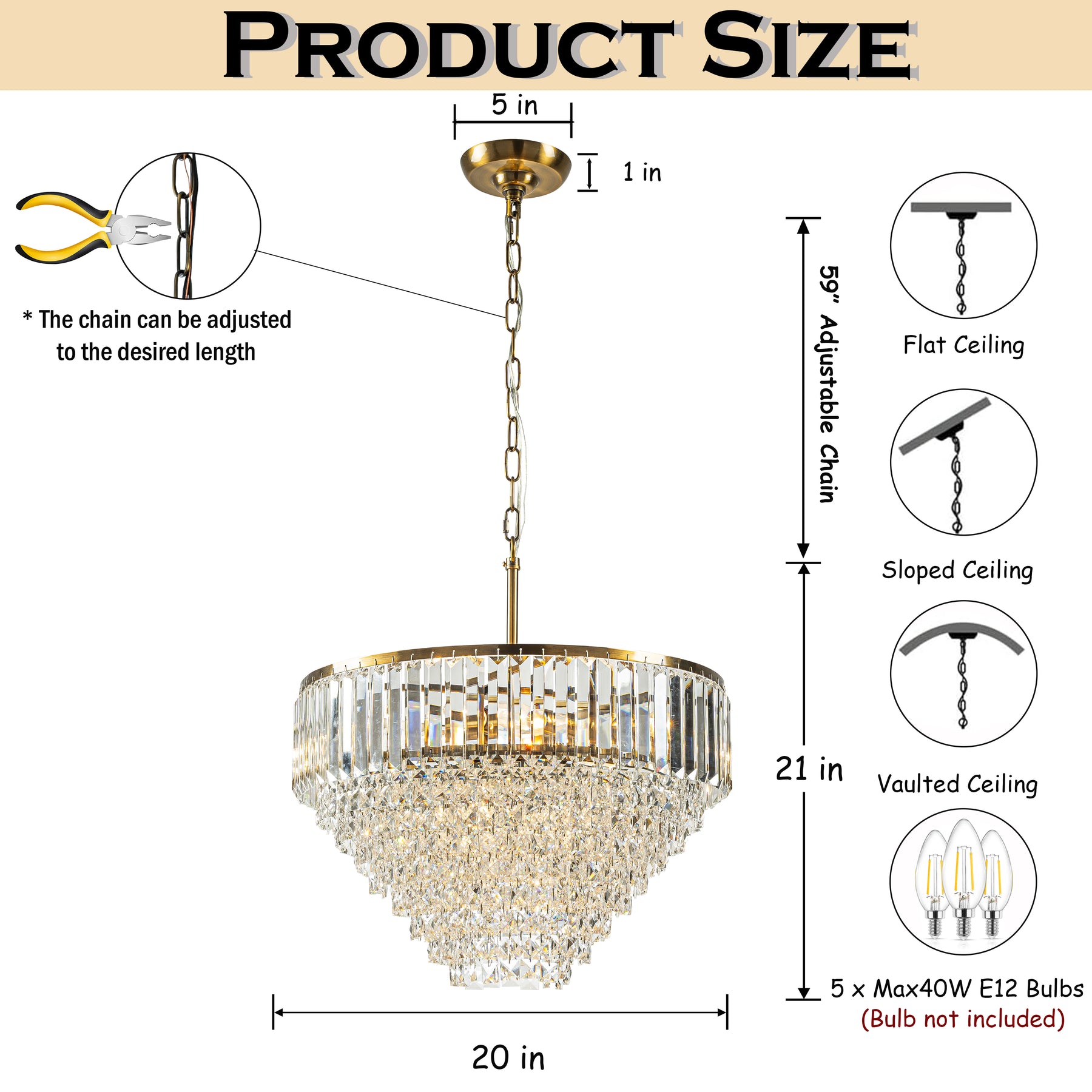 5 Lights 20" Modern Glam Antique Gold Crystal Tiered Chandelier Luxury Ceiling Light  For Dining Room & Bedroom  & Entryway