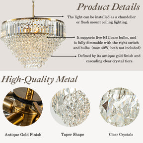 5 Lights 20" Modern Glam Antique Gold Crystal Tiered Chandelier Luxury Ceiling Light  For Dining Room & Bedroom  & Entryway