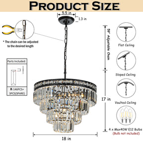 18'' Modern Classic Crystal Chandelier With Matte Black Finish 4-Light Tiered Pendant Ceiling Light For Dining Room Foyer Bedroom