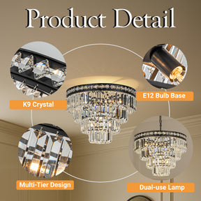 18'' Modern Classic Crystal Flush Mount With Matte Black Finish 4-Light Tiered Ceiling Light For Dining Room Foyer Bedroom