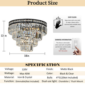 18'' Modern Classic Crystal Flush Mount With Matte Black Finish 4-Light Tiered Ceiling Light For Dining Room Foyer Bedroom