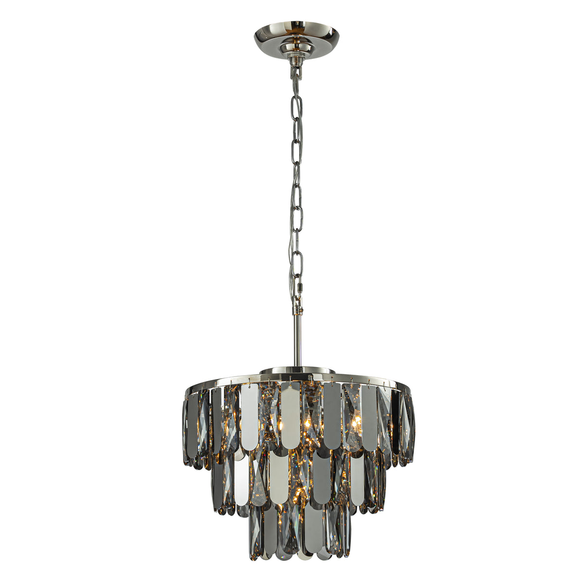 4-Light Dimmable Modern 3-Tier Smoked Crystal Chandelier 14" Contemporary Round Polished Nickel Pendant Light Fixture for Dining Room Bedroom