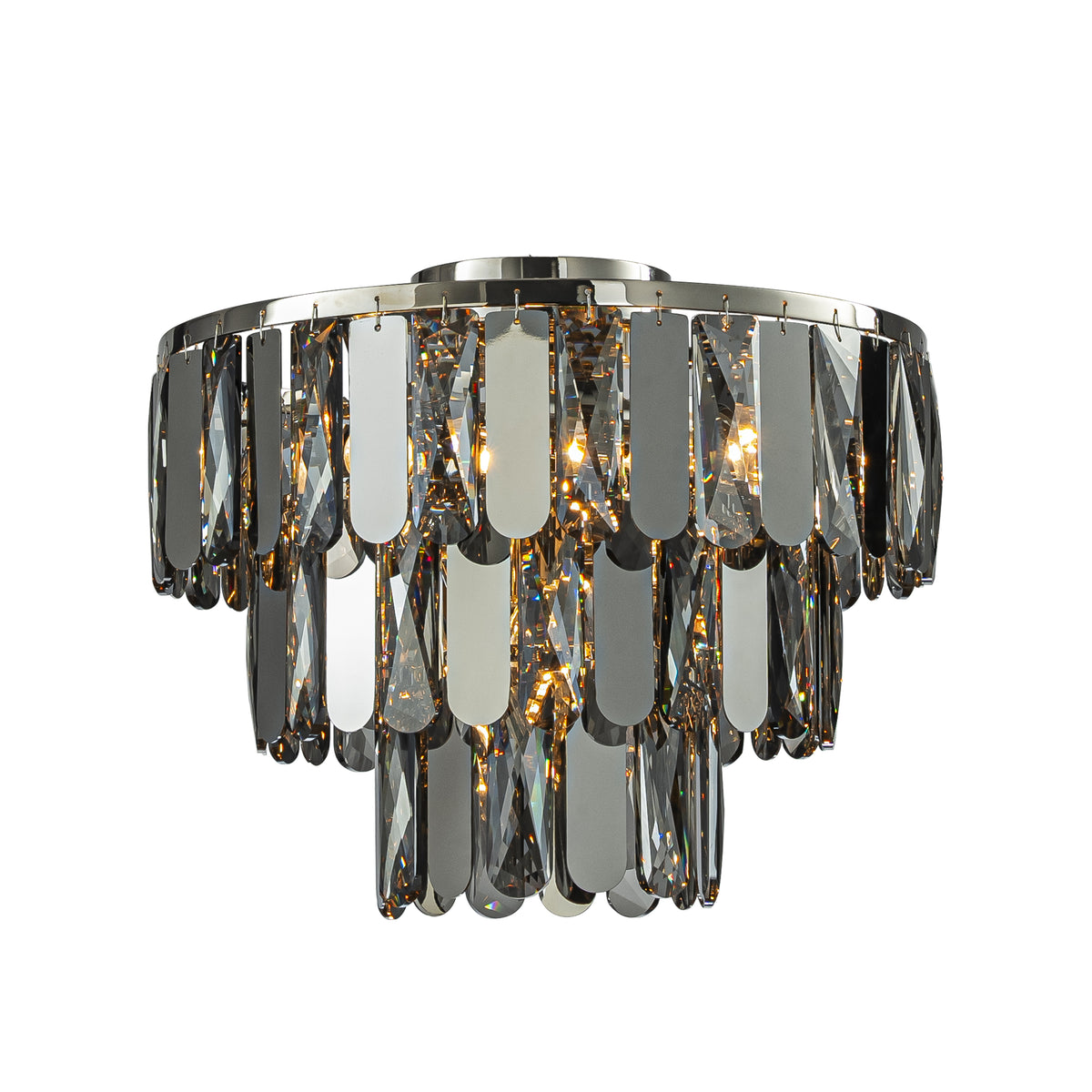 4-Light Dimmable 3-Tier Smoked Crystal Flush Mount Ceiling Light 14" Round Low Profile Chandelier with Polished Nickel Finish and Stainless Steel Accents for Dining Room, Entryway