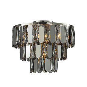 4-Light Dimmable 3-Tier Smoked Crystal Flush Mount Ceiling Light 14" Round Low Profile Chandelier with Polished Nickel Finish and Stainless Steel Accents for Dining Room, Entryway
