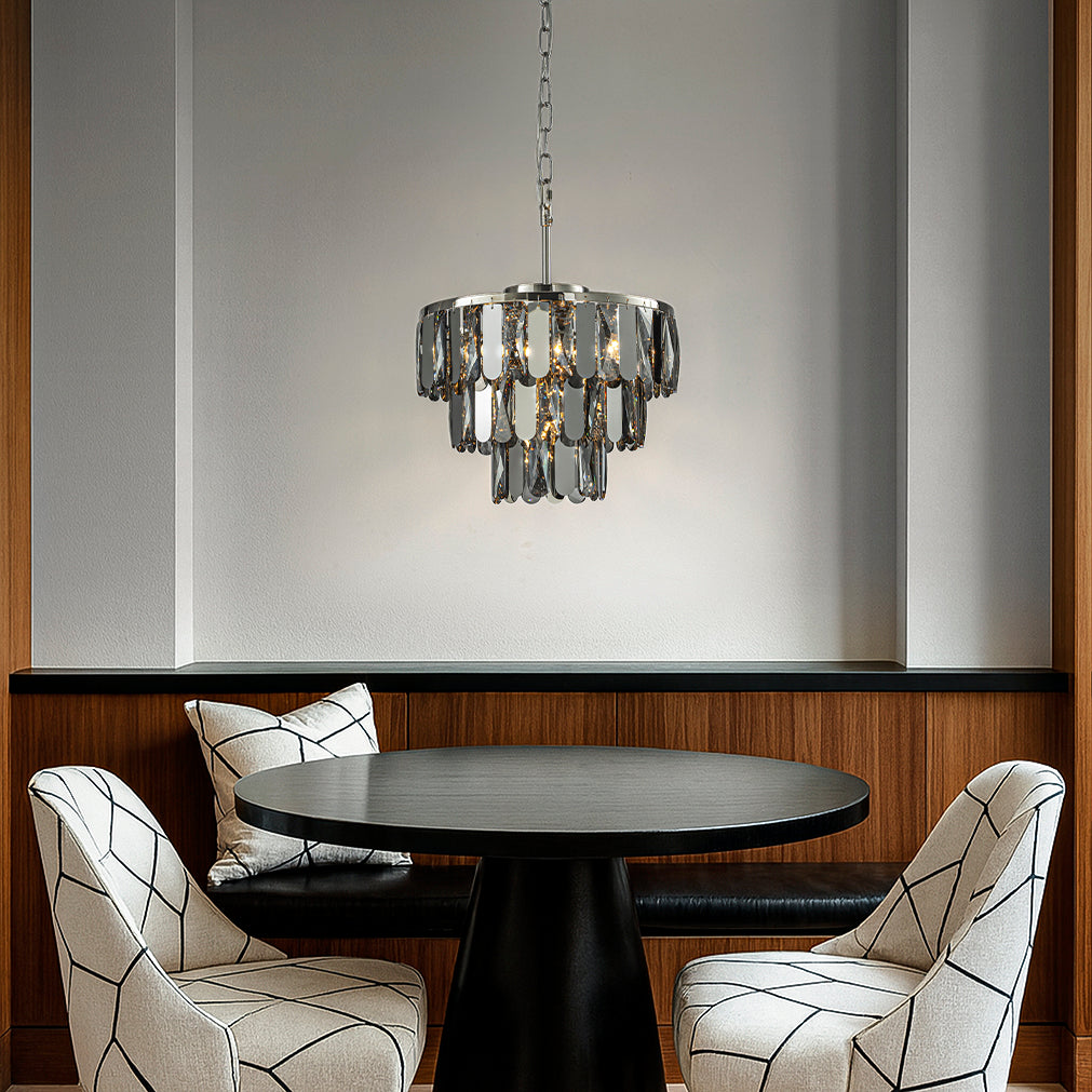 4-Light Dimmable Modern 3-Tier Smoked Crystal Chandelier 14" Contemporary Round Polished Nickel Pendant Light Fixture for Dining Room Bedroom