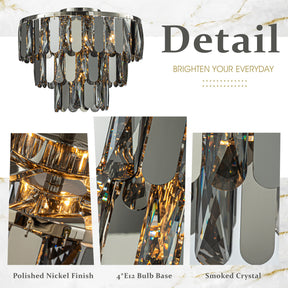 4-Light Dimmable 3-Tier Smoked Crystal Flush Mount Ceiling Light 14" Round Low Profile Chandelier with Polished Nickel Finish and Stainless Steel Accents for Dining Room, Entryway