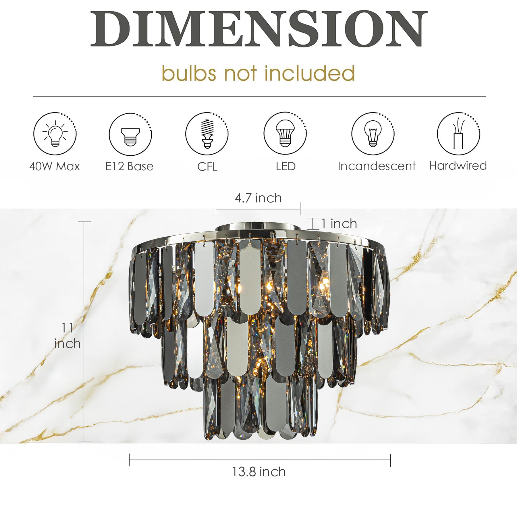 4-Light Dimmable 3-Tier Smoked Crystal Flush Mount Ceiling Light 14" Round Low Profile Chandelier with Polished Nickel Finish and Stainless Steel Accents for Dining Room, Entryway