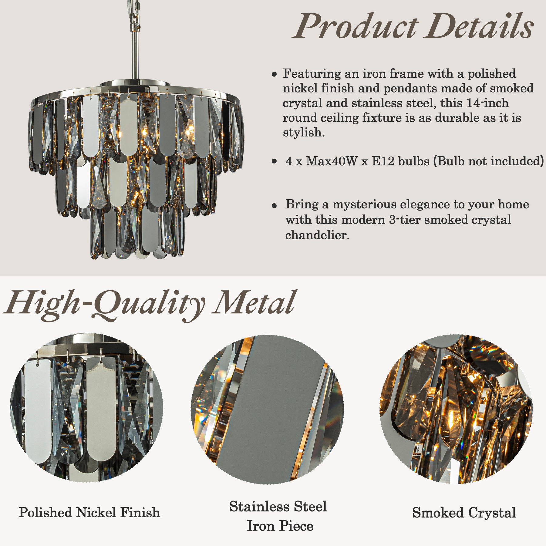 4-Light Dimmable Modern 3-Tier Smoked Crystal Chandelier 14" Contemporary Round Polished Nickel Pendant Light Fixture for Dining Room Bedroom