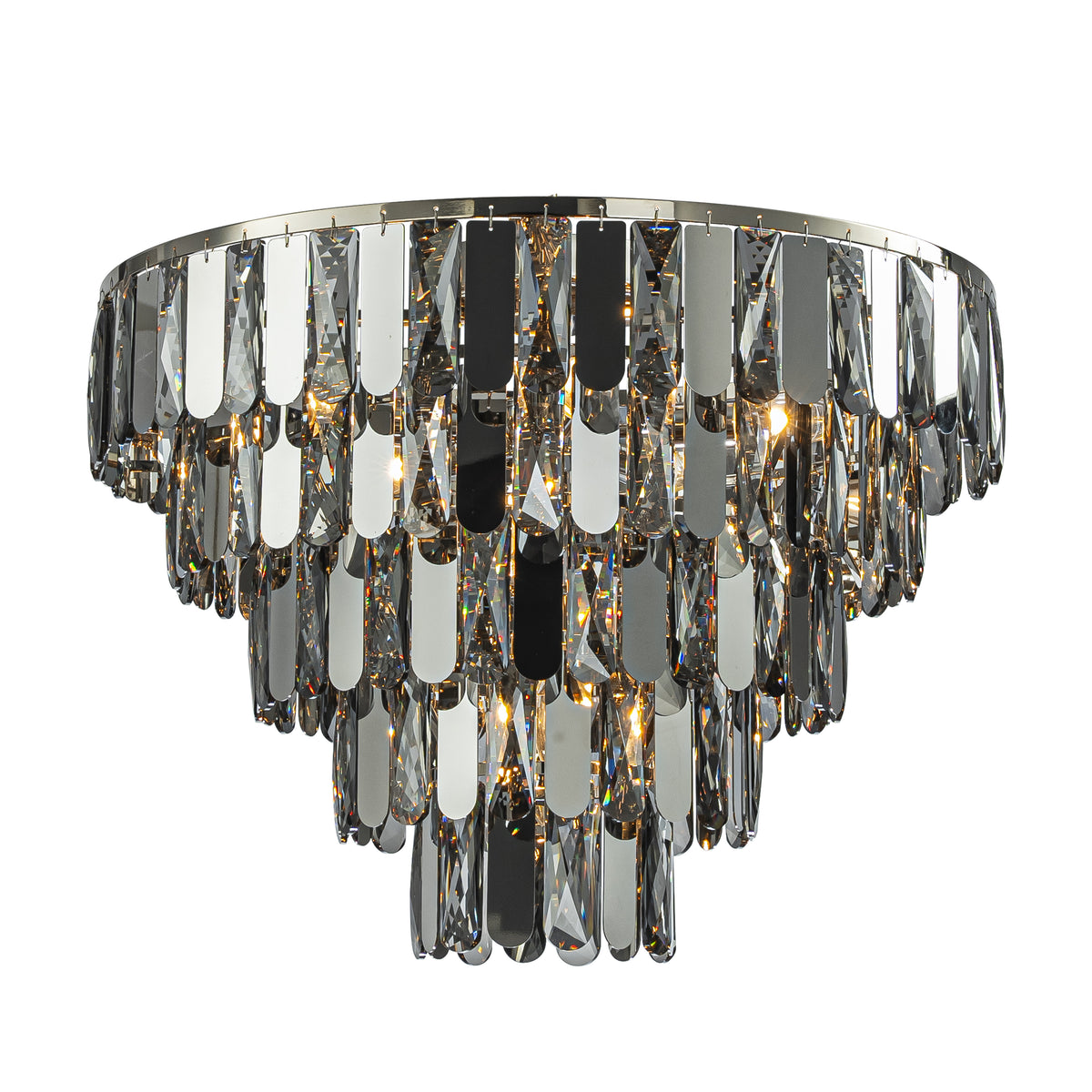 6-Light Dimmable 5-Tier Smoked Crystal Flush Mount Ceiling Light 22" Low Profile Fixture with Polished Nickel Finish and Stainless Steel Accents for Bedroom, Dining Room