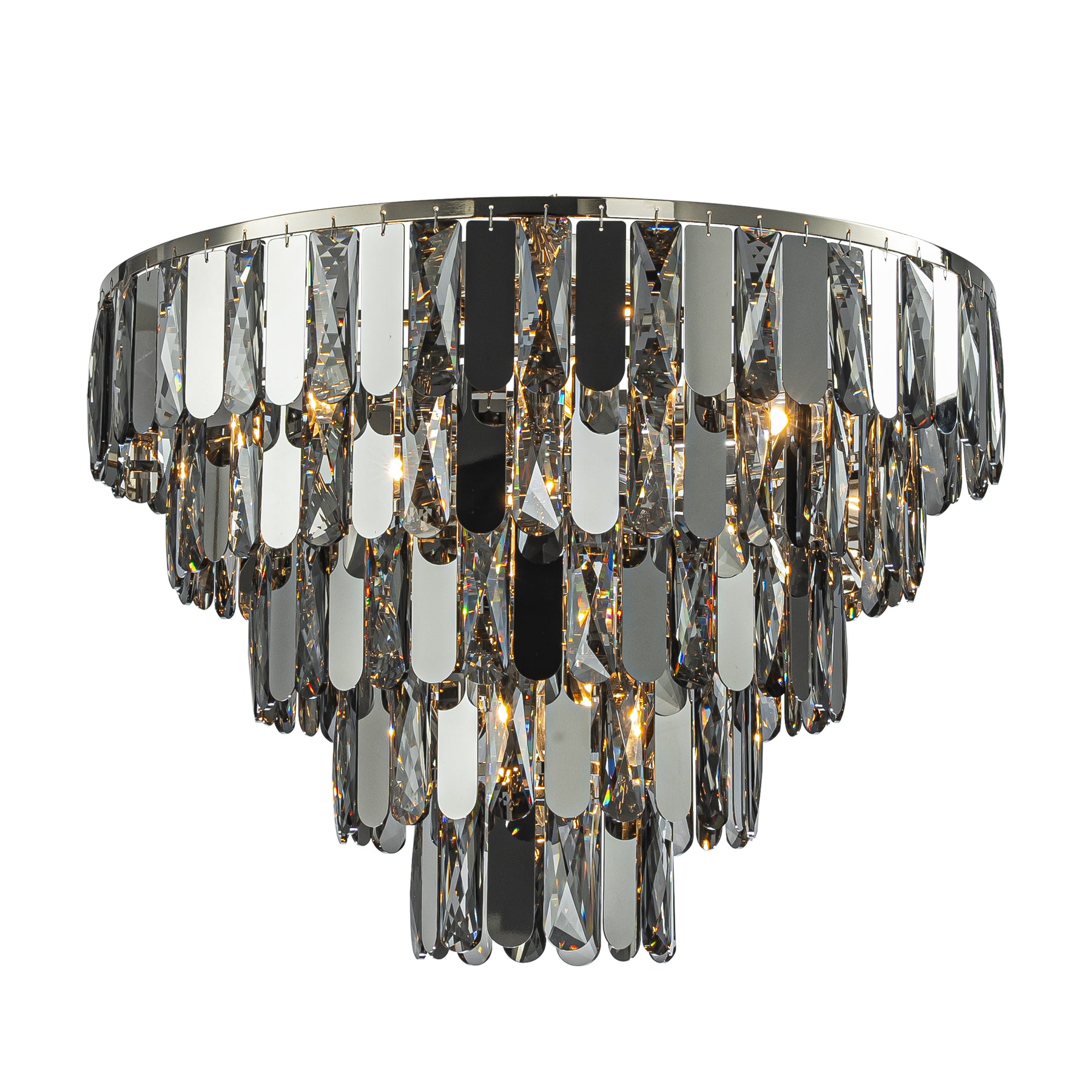 6-Light Dimmable 5-Tier Smoked Crystal Flush Mount Ceiling Light 22" Low Profile Fixture with Polished Nickel Finish and Stainless Steel Accents for Bedroom, Dining Room