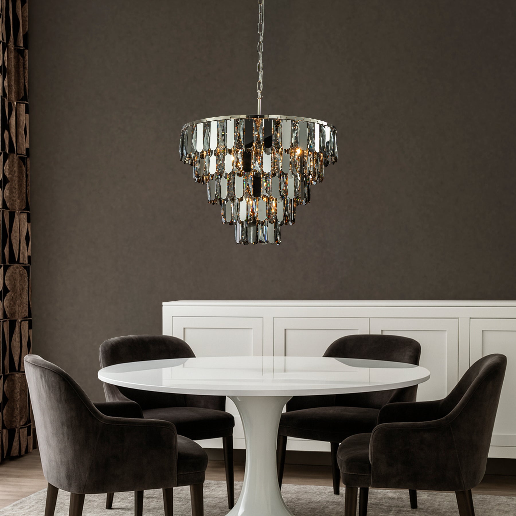 6-Light Dimmable 5-Tier Smoked Crystal Chandelier 22" Modern Pendant Light Fixture with Polished Nickel Finish and Stainless Steel Accents for Dining Room, Living Room