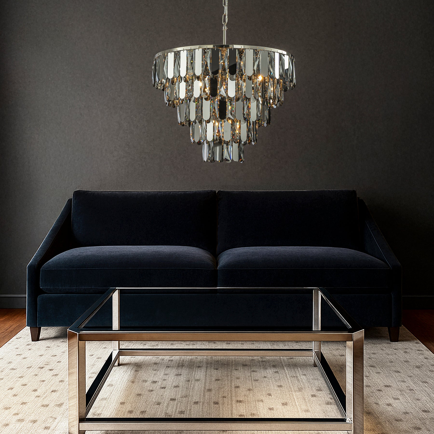 6-Light Dimmable 5-Tier Smoked Crystal Chandelier 22" Modern Pendant Light Fixture with Polished Nickel Finish and Stainless Steel Accents for Dining Room, Living Room