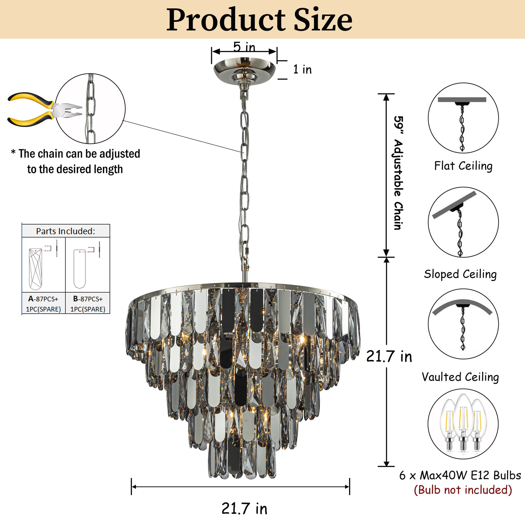 6-Light Dimmable 5-Tier Smoked Crystal Chandelier 22" Modern Pendant Light Fixture with Polished Nickel Finish and Stainless Steel Accents for Dining Room, Living Room