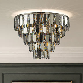 6-Light Dimmable 5-Tier Smoked Crystal Flush Mount Ceiling Light 22" Low Profile Fixture with Polished Nickel Finish and Stainless Steel Accents for Bedroom, Dining Room