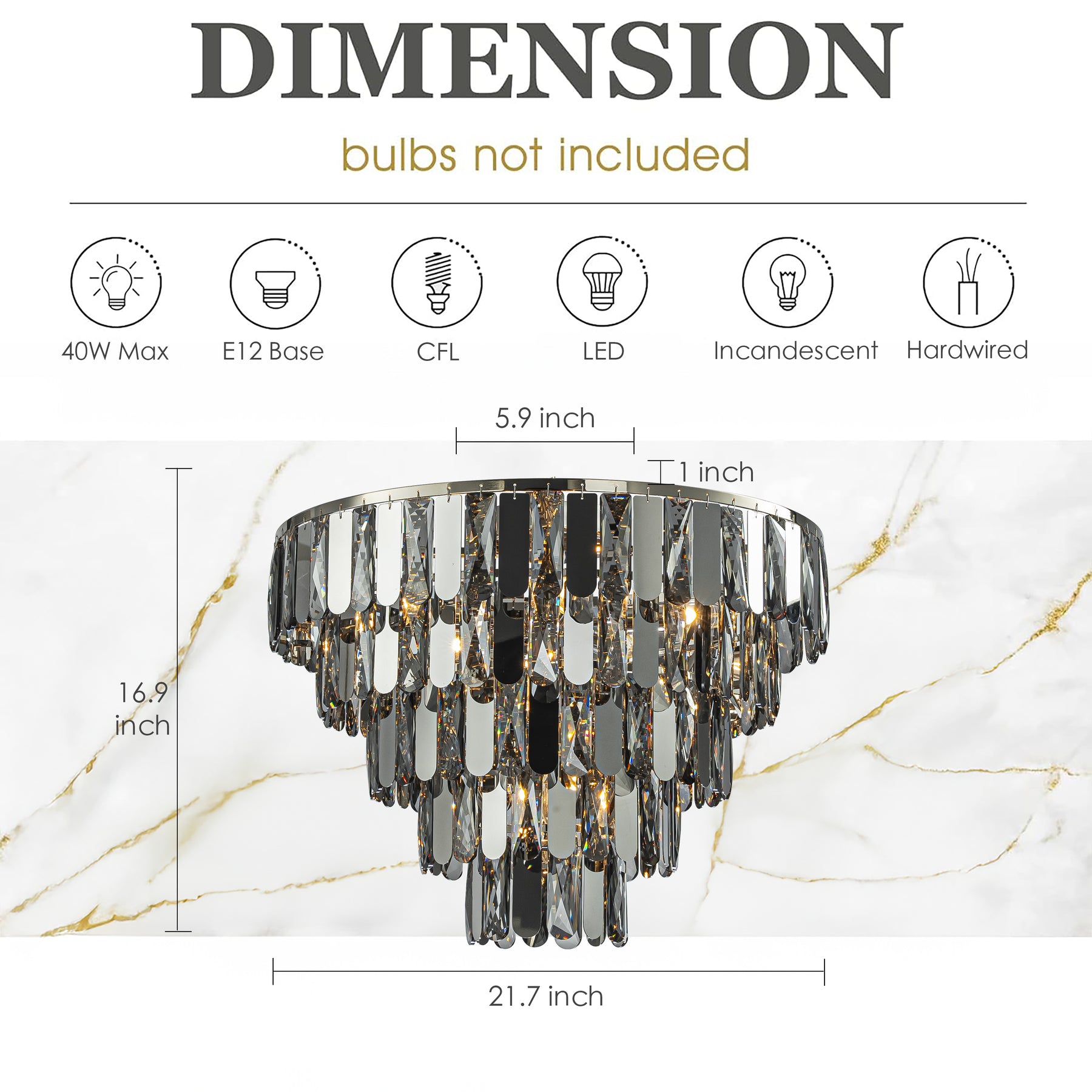 6-Light Dimmable 5-Tier Smoked Crystal Flush Mount Ceiling Light 22" Low Profile Fixture with Polished Nickel Finish and Stainless Steel Accents for Bedroom, Dining Room