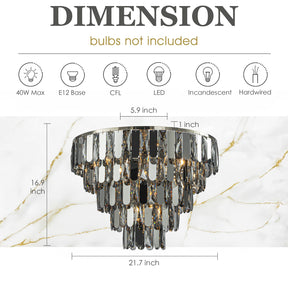 6-Light Dimmable 5-Tier Smoked Crystal Flush Mount Ceiling Light 22" Low Profile Fixture with Polished Nickel Finish and Stainless Steel Accents for Bedroom, Dining Room
