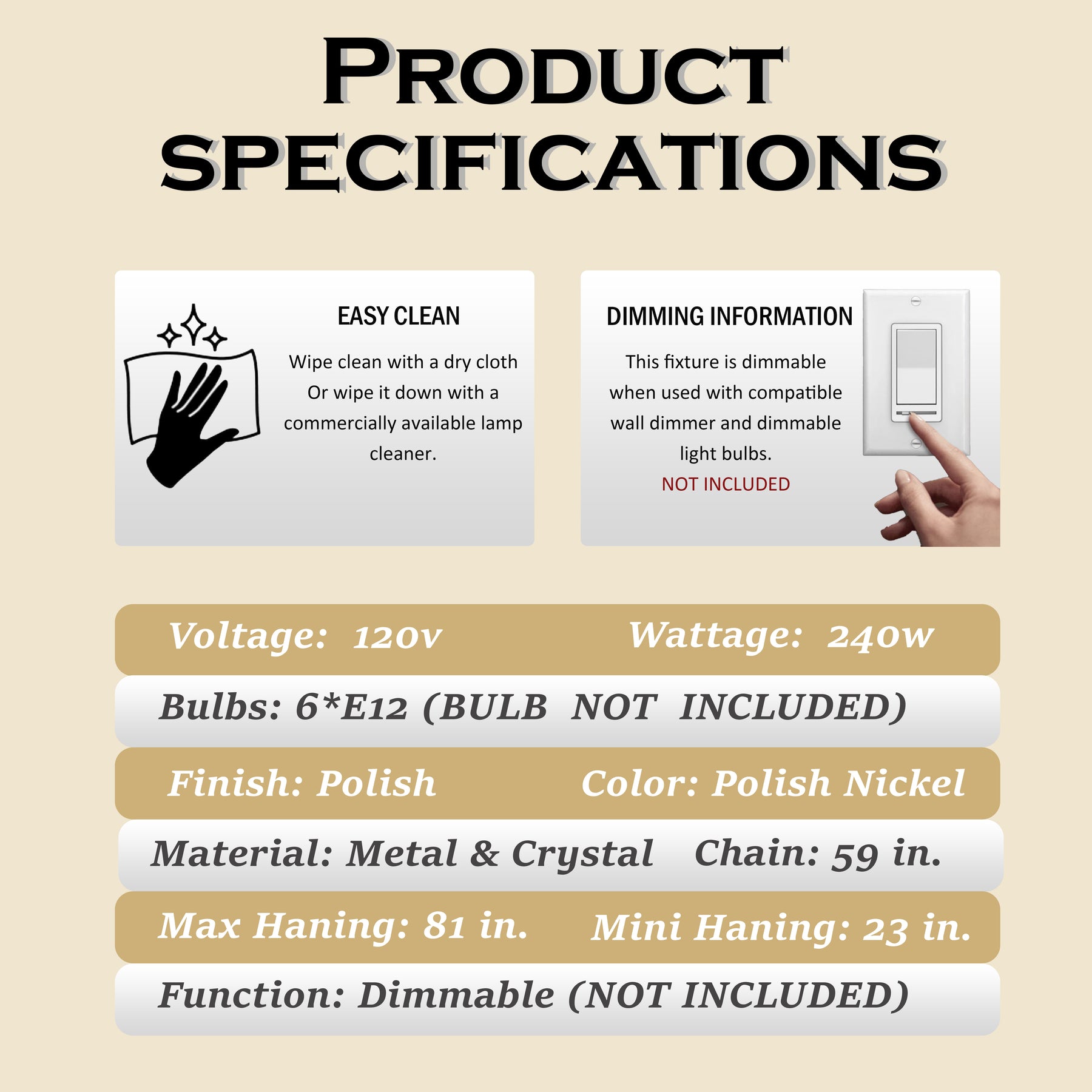 6-Light Dimmable 5-Tier Smoked Crystal Flush Mount Ceiling Light 22" Low Profile Fixture with Polished Nickel Finish and Stainless Steel Accents for Bedroom, Dining Room