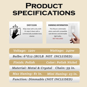 6-Light Dimmable 5-Tier Smoked Crystal Flush Mount Ceiling Light 22" Low Profile Fixture with Polished Nickel Finish and Stainless Steel Accents for Bedroom, Dining Room