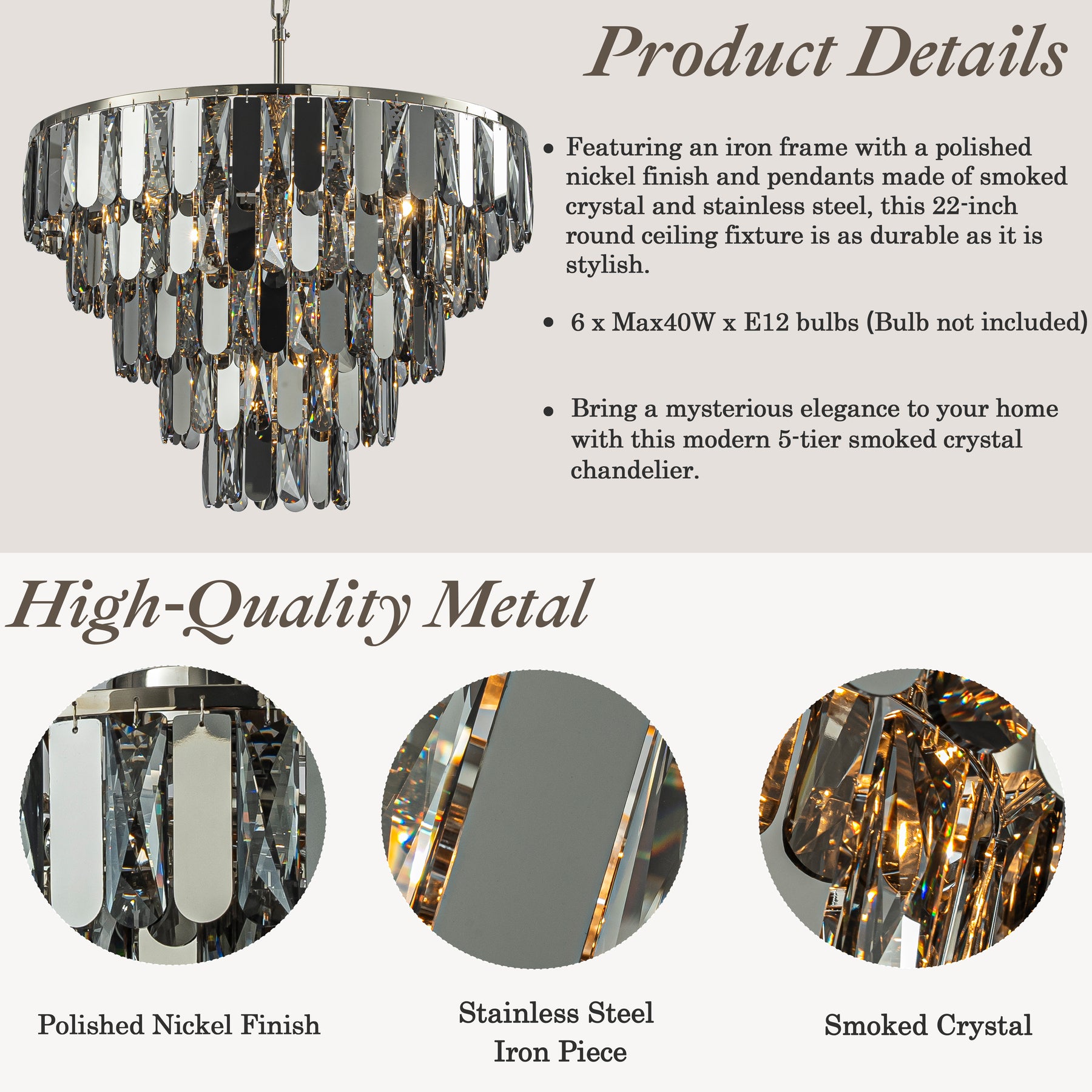 6-Light Dimmable 5-Tier Smoked Crystal Chandelier 22" Modern Pendant Light Fixture with Polished Nickel Finish and Stainless Steel Accents for Dining Room, Living Room