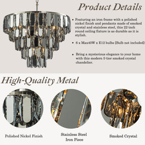 6-Light Dimmable 5-Tier Smoked Crystal Chandelier 22" Modern Pendant Light Fixture with Polished Nickel Finish and Stainless Steel Accents for Dining Room, Living Room