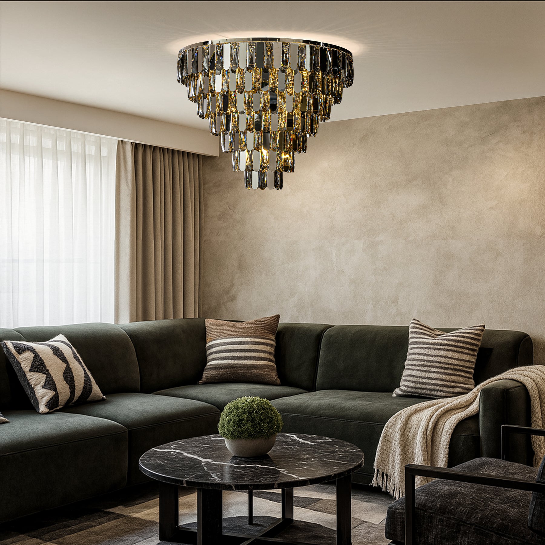 28" 12-Light Dimmable 7-Tier Smoked Crystal Flush Mount Ceiling Light Low Profile Luxury Fixture with Polished Nickel Finish and Stainless Steel Accents for Living Room, Dining Room