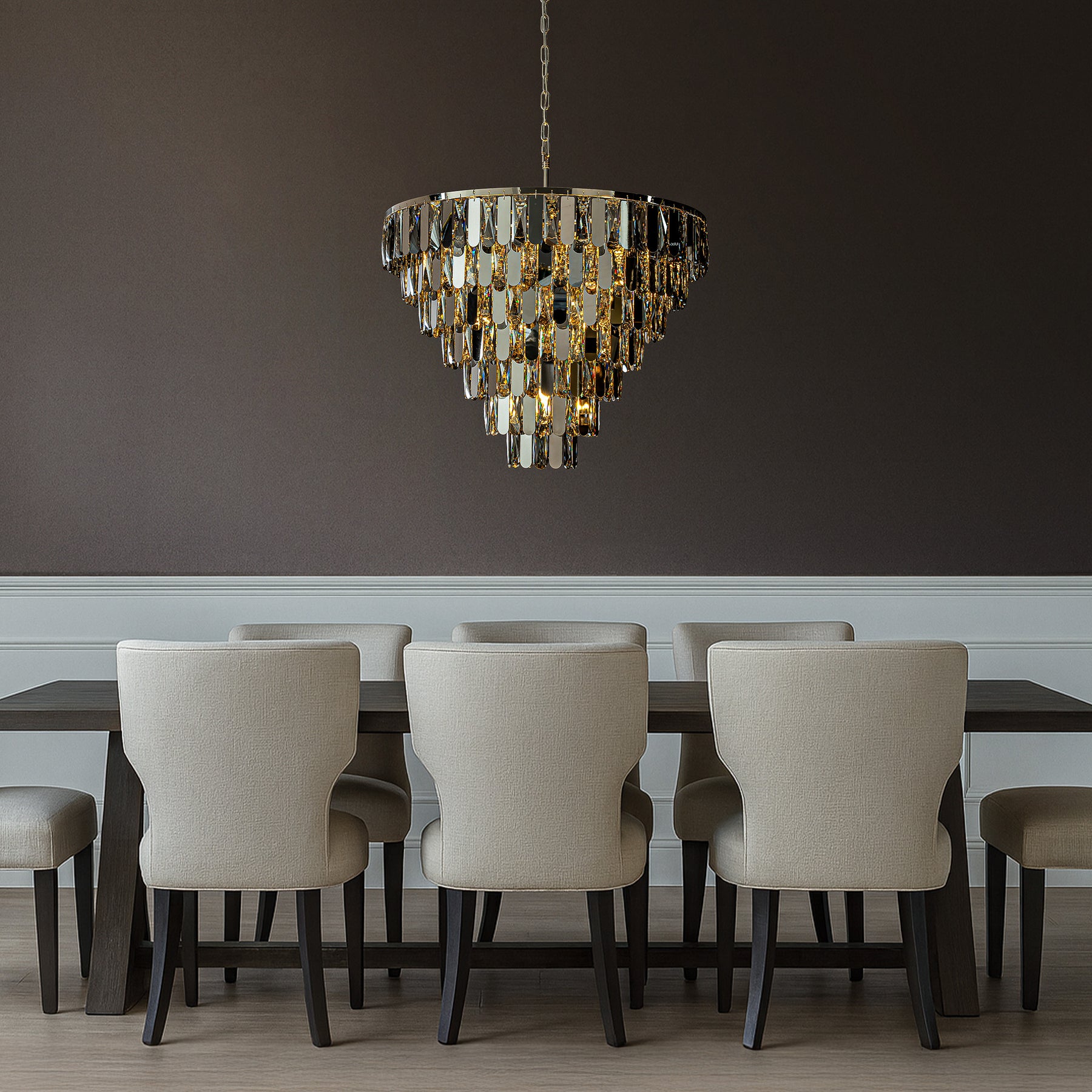 28" 12-Light Dimmable 7-Tier Smoked Crystal Chandelier Large Modern Luxury Pendant Light with Polished Nickel Finish and Stainless Steel Accents for Dining Room, Living Room