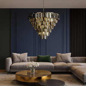 28" 12-Light Dimmable 7-Tier Smoked Crystal Chandelier Large Modern Luxury Pendant Light with Polished Nickel Finish and Stainless Steel Accents for Dining Room, Living Room