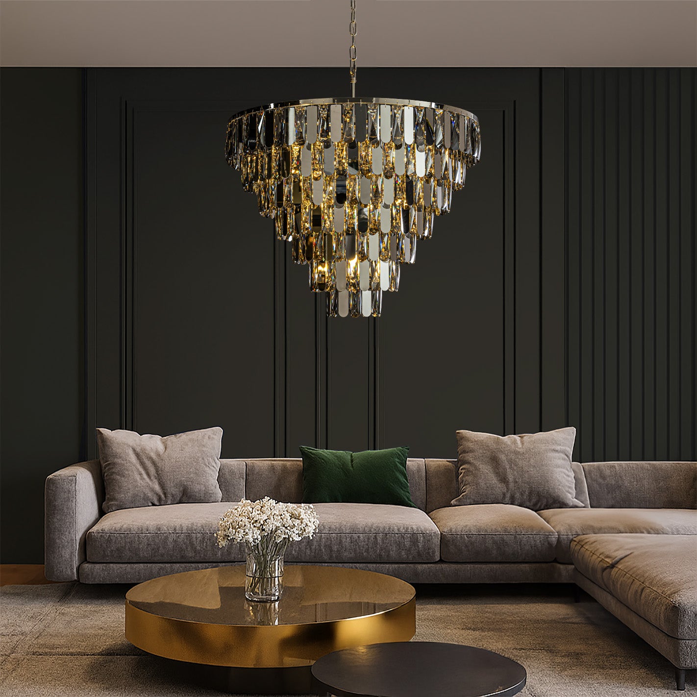28" 12-Light Dimmable 7-Tier Smoked Crystal Chandelier Large Modern Luxury Pendant Light with Polished Nickel Finish and Stainless Steel Accents for Dining Room, Living Room