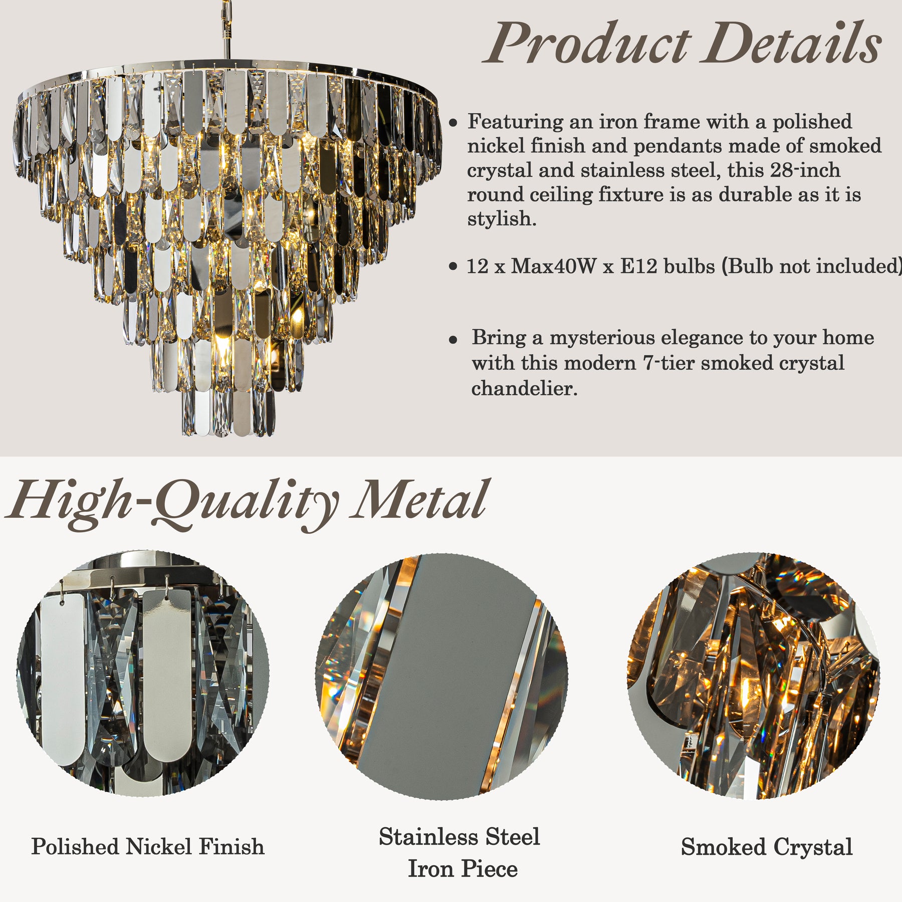 28" 12-Light Dimmable 7-Tier Smoked Crystal Chandelier Large Modern Luxury Pendant Light with Polished Nickel Finish and Stainless Steel Accents for Dining Room, Living Room