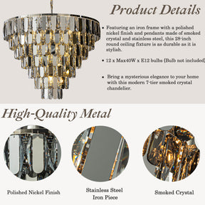 28" 12-Light Dimmable 7-Tier Smoked Crystal Chandelier Large Modern Luxury Pendant Light with Polished Nickel Finish and Stainless Steel Accents for Dining Room, Living Room