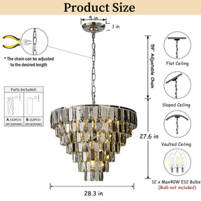 28" 12-Light Dimmable 7-Tier Smoked Crystal Chandelier Large Modern Luxury Pendant Light with Polished Nickel Finish and Stainless Steel Accents for Dining Room, Living Room